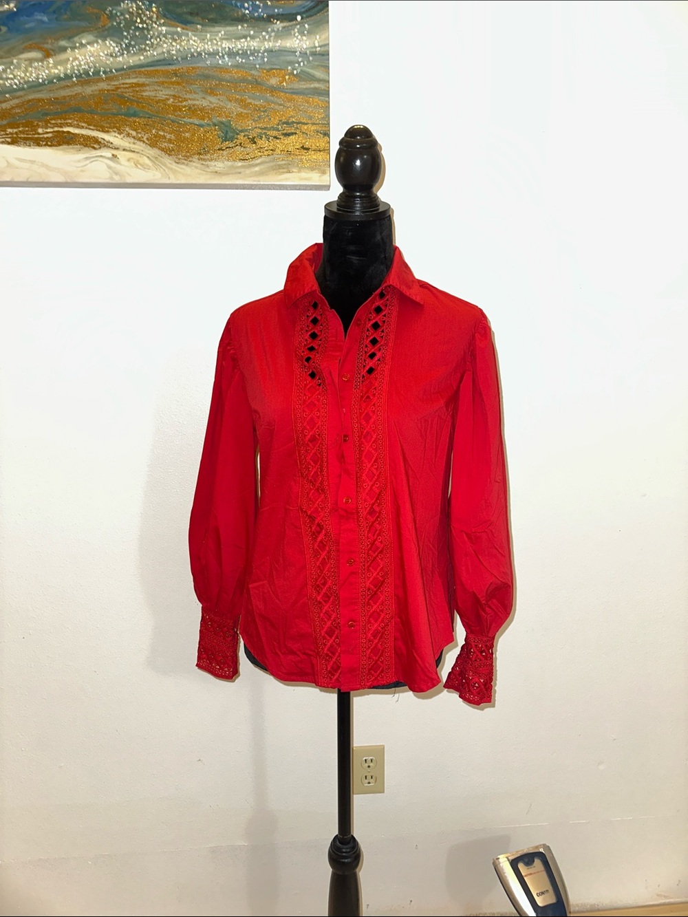 Red Lace-Trim Button-Down Blouse